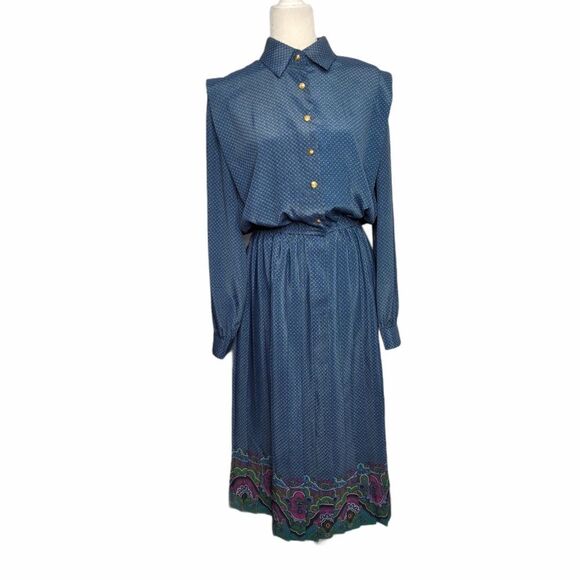 Vintage Dresses & Skirts - VINTAGE 80s dress blue‎ pleated paisley button up midi L